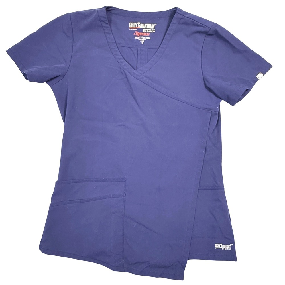 Greys Anatomy by Barco Signature Scrub Top Navy Blue Mock Wrap V-Neck Small